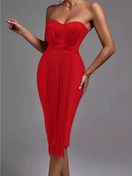 Dresses & Skirts - Red Strapless Fringe Bodycon Dress
